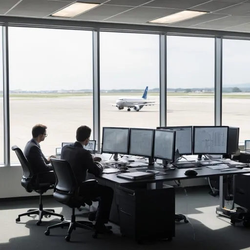 Prompt: In An Office Setup, Multiple Analysts Discuss Checking Data And Graphs On Their Computers. The Office Is By An Airport Runway, One Can See Through The Window Multiple Aircraft Lined Up, And One Is Taking Off.