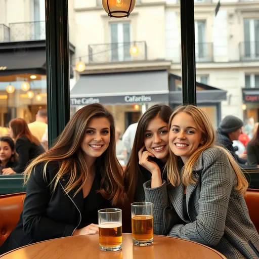 Prompt: Friends in mid-20s in a cafe in Paris smiling