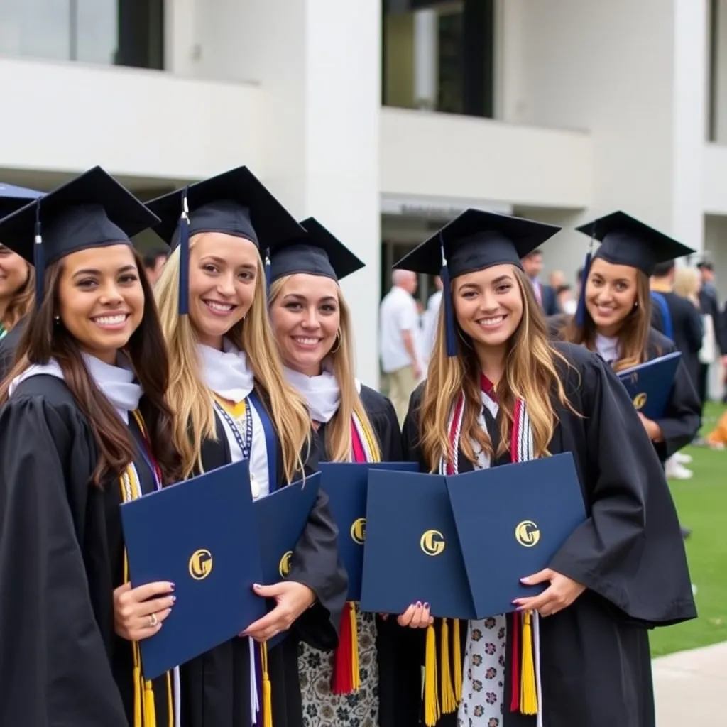 Prompt: Picture of some friends graduating college with diplomas