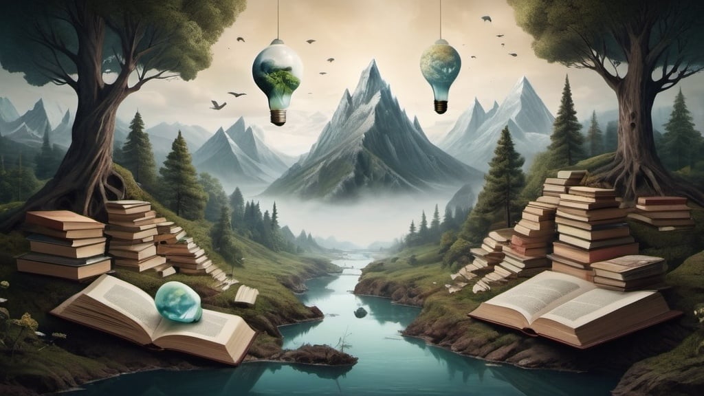 Prompt: "Create a surreal landscape where the natural elements are replaced by human-made objects (e.g., mountains of books, rivers of ink, forests of lightbulbs). What message does this transformation convey about humanity's relationship with nature
