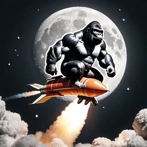 Prompt: Buff gorilla riding a rocket over the moon