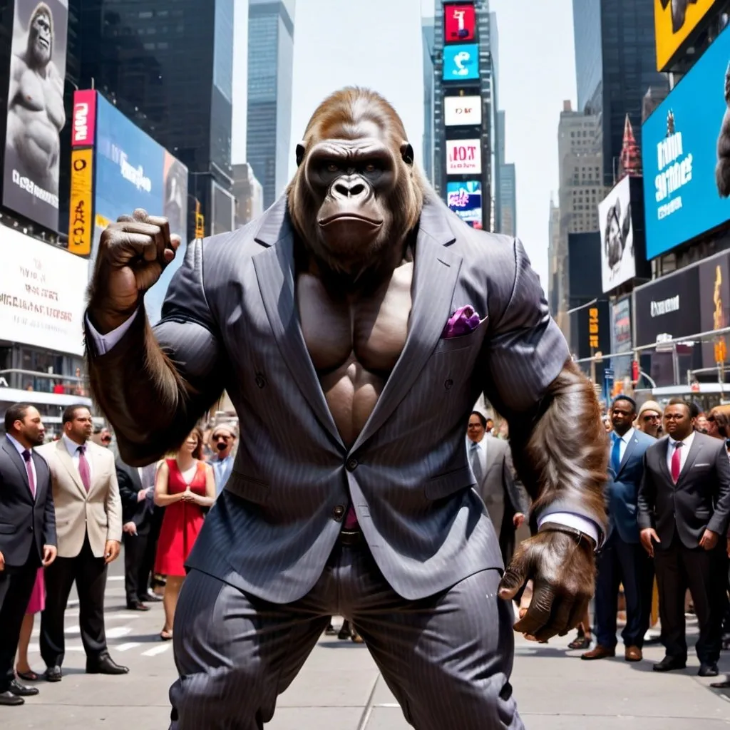 Prompt: Buff gorilla standing in times square, wearing a million dollar suit, with people pointing at him