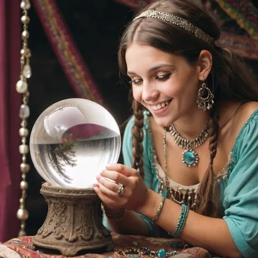 Prompt: smiling young gypsy woman gazing at crystal ball with jewelry inside ball
