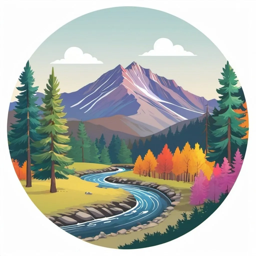 Prompt: a circular vector image of a colorful mountain scene with pine trees and a stream
