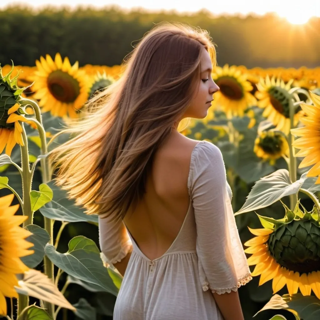 Prompt: Backlit photo of a girl in a field of sunflowers head turned away from the camera 