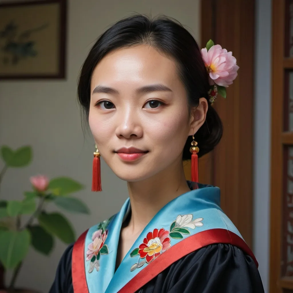 Prompt: a woman in a graduation gown and a flower brooch on her neck and shoulder, looking at the camera, Fei Danxu, cloisonnism, phuoc quan, a character portrait