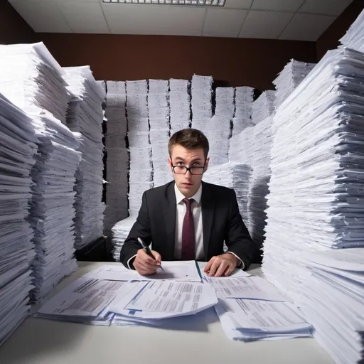 Prompt: an accountant under a mountain of 
paper invoices
