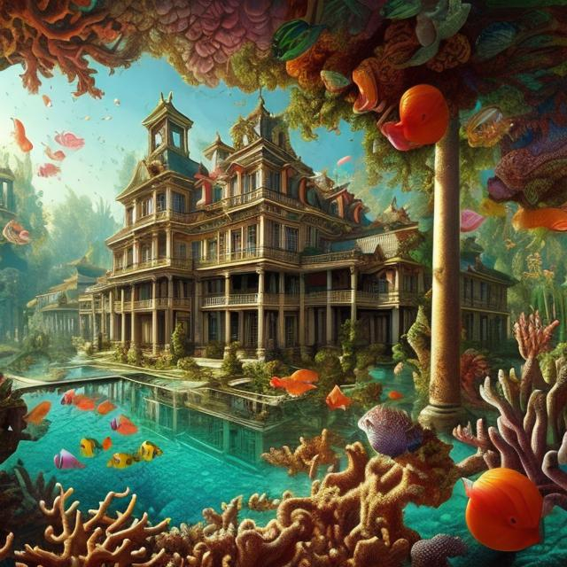 Prompt: Baroque painting, High Angle Shot, colorful and hyperrealistic, fantasy, plantation mansion, underwater, coral
