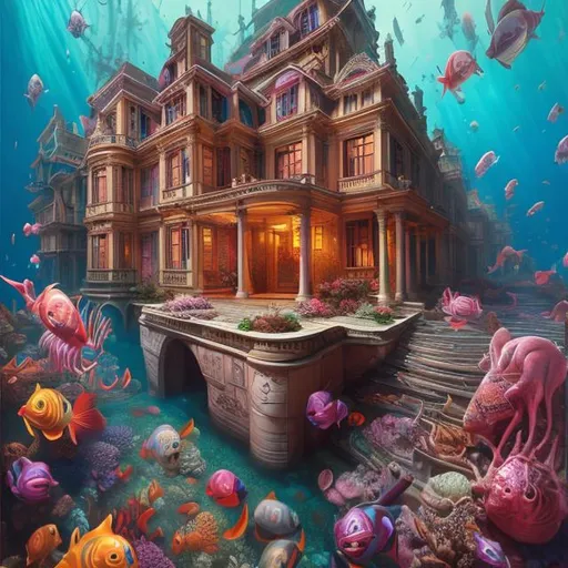 Prompt: Baroque painting, High Angle Shot, colorful and hyperrealistic, 1970s fantasy art, plantation mansion, underwater, coral, fantasy, deep sea, luminous