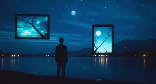 Prompt: two human silhouettes standing side by side by a lake at night, dreamy blue twilight sky, city lights reflected on water, cinematic composition, grainy vintage film texture, surreal aesthetic, floating photo frames with moon and tree branches inside them, soft glowing light, melancholic atmosphere --v 6 --ar 16:9 --style raw