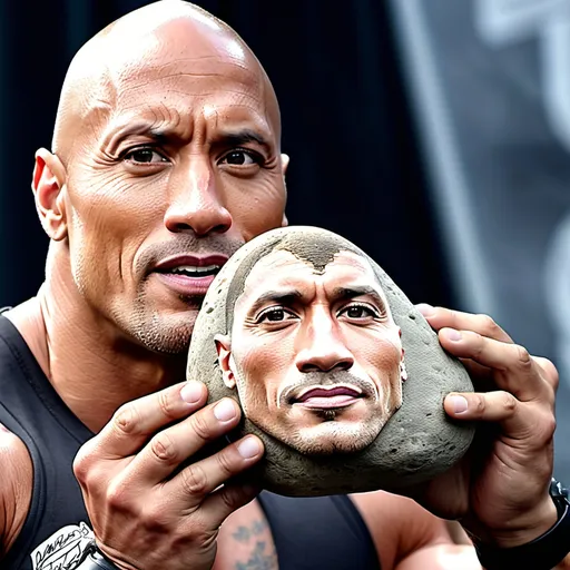 Prompt: dwayne the rock johnson holding up a rock with dwayne johnon's face