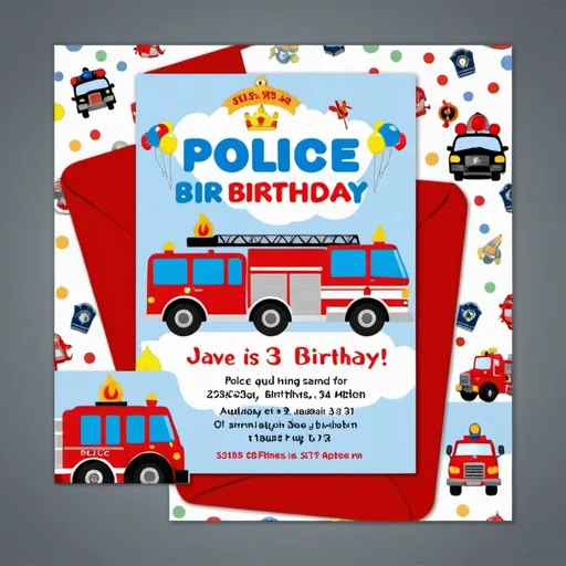 Prompt: birthday invitation card for three years old around theme of police car and firetrucks