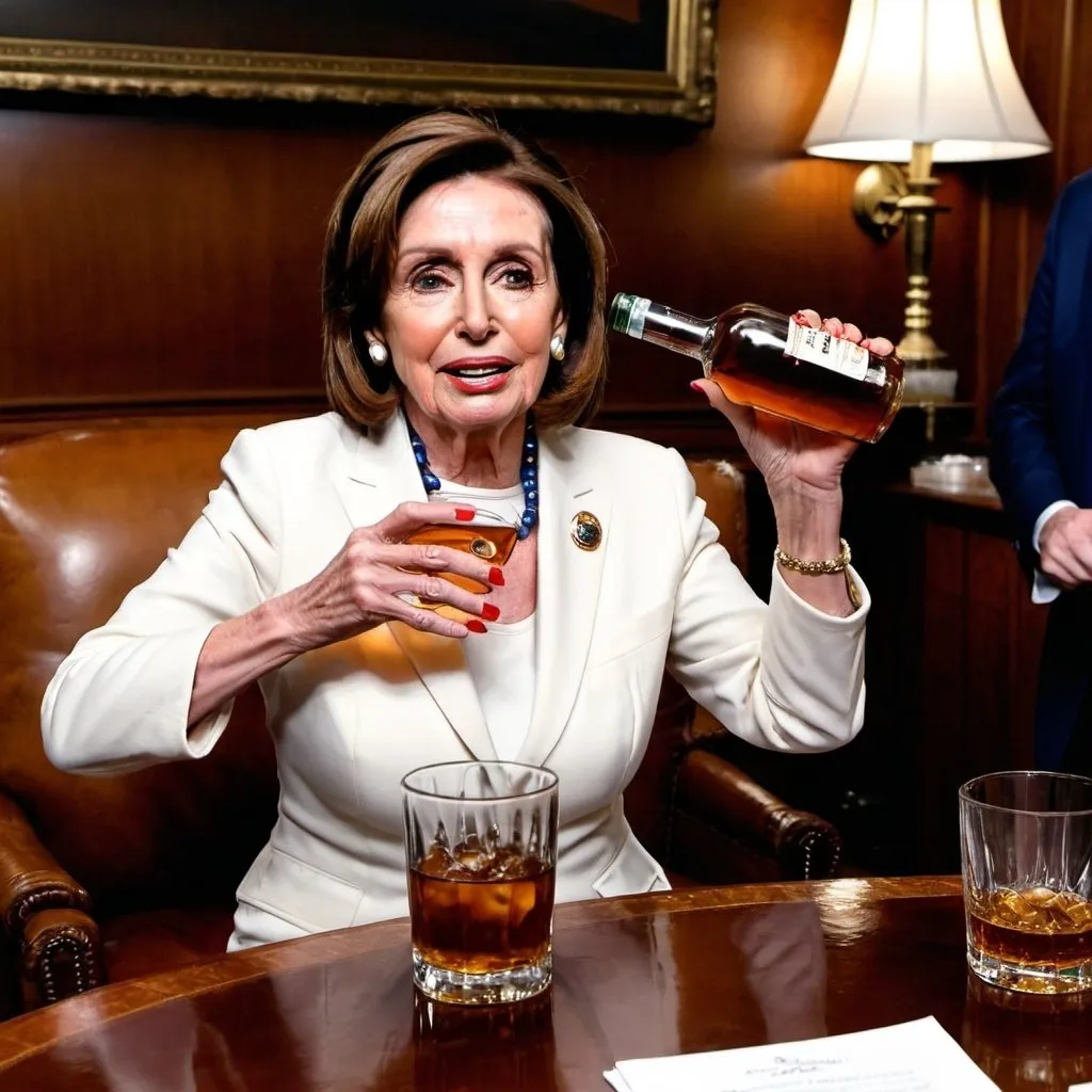 Prompt: nancy pelosi drinking bourbon from a bottle