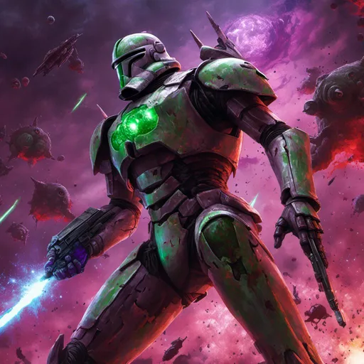 Prompt: <mymodel> clone trooper with green and purple armor with the eyes to be glowing green hellfire and in the background a destroyed Recusant-class light destroyer with plasma bullet coming from space