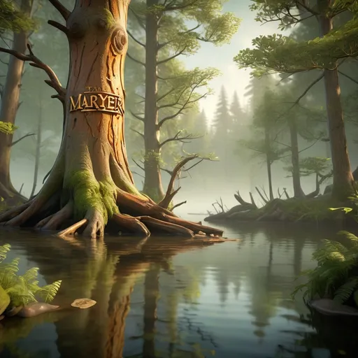 Prompt: (mysterious forest), (serene lake), (unreal engine), high-quality, photorealistic, dreamlike atmosphere, lush greenery, mist swirling around the trees, golden light filtering through the branches, the word “(accurately spelled text “mayer”)” engraved in the tree bark, tranquil water reflections, inviting yet enigmatic ambiance, deep earthy tones, ultra-detailed natural beauty.