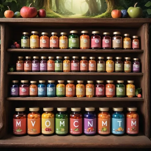 Prompt: bottles of multi
 vitamins sitting on a shelf in a fairy tale setting
