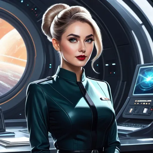 Prompt: beautiful digital painting of sci fi secretary villain with a pencil skirt thin glass and bun hairstyle. prim and proper, neat hair, with a spaceship interior background