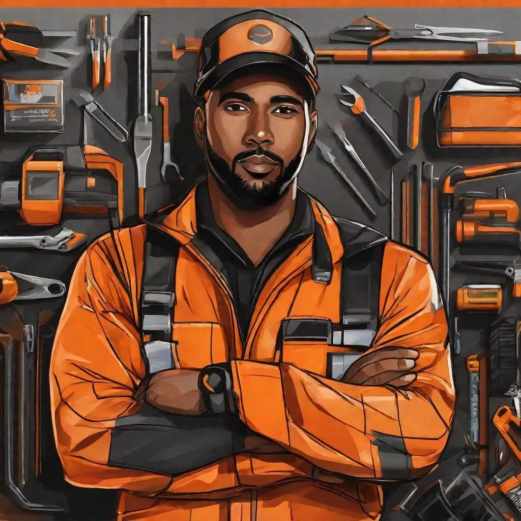 Prompt: digital artwork of male maintenance worker character portrait orange and black jumpsuit, tools
