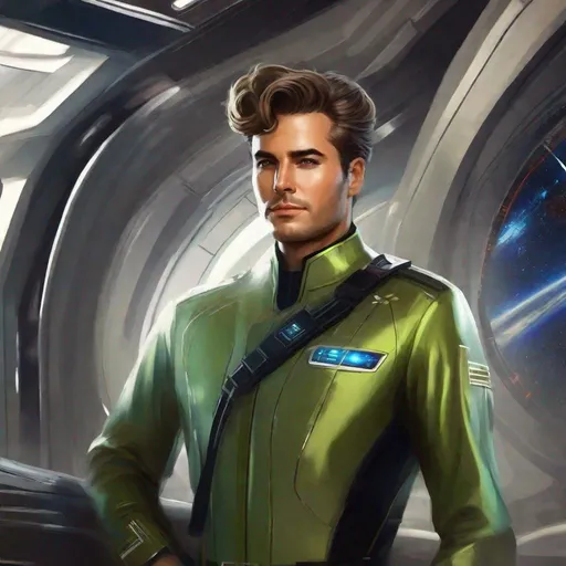 Prompt: beautiful digital painting of sci fi bureaucrat man with a pristine olive futuristic jumpsuit uniform. prim and proper, neat hair, with a spaceship interior background