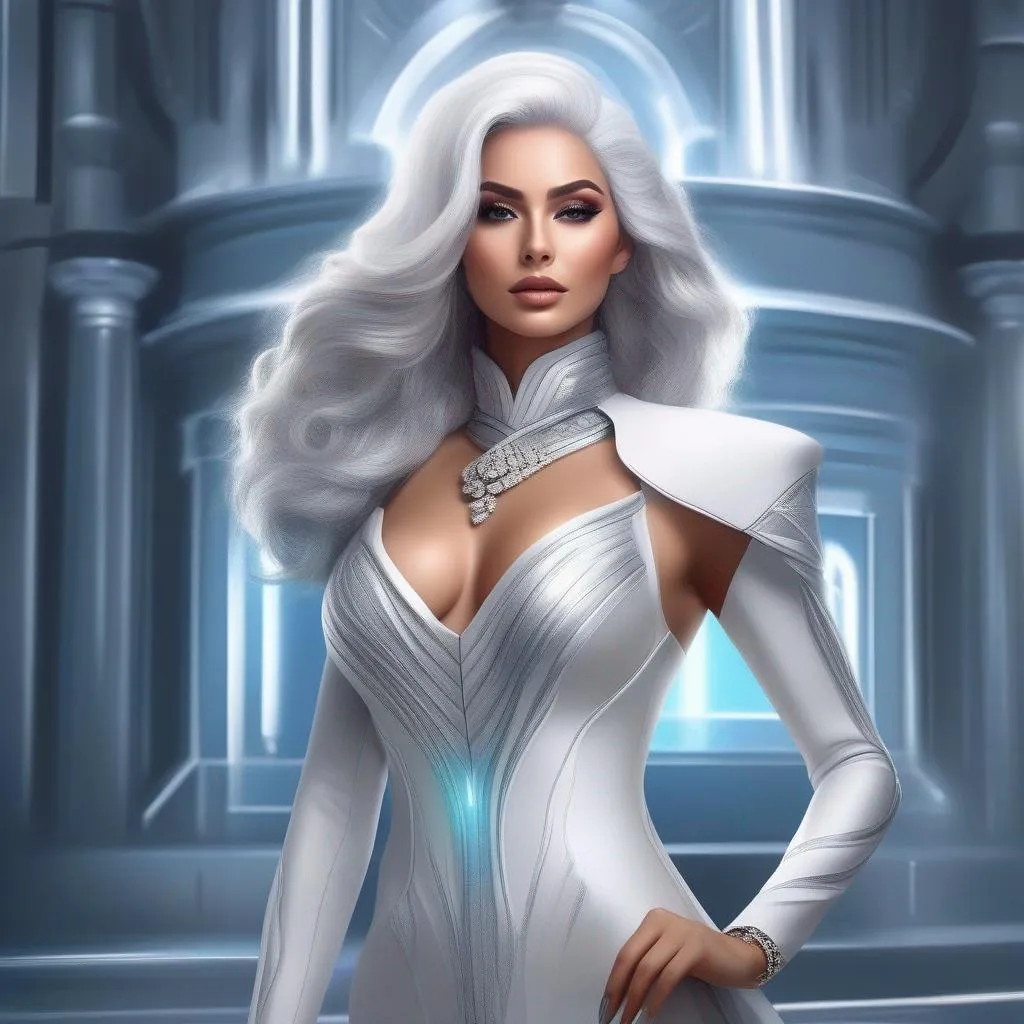 Prompt: a beautiful digital painting of a sci fi Armenian American heiress, perfect grey white hair and makeup, curvy figure, stylish futuristic high fashion couture clothes, expensive modern jewellery