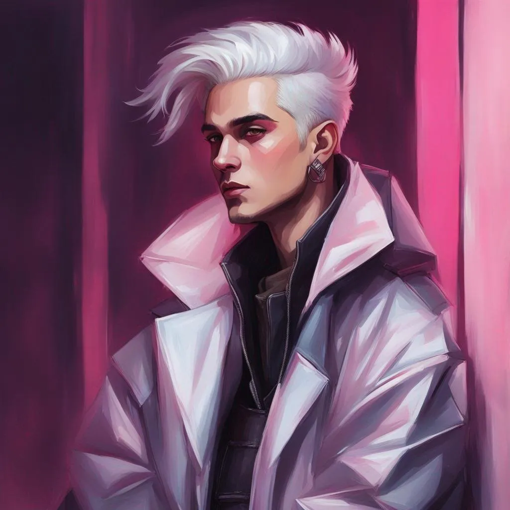 Prompt: An interesting digital painting of a non binary cyberpunk man with muted makeup wearing a dark oversize jacket, with short white hair, shaved on one side, dark colored background