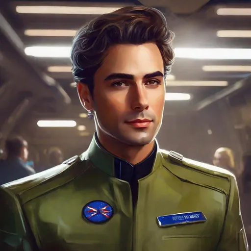 Prompt: beautiful digital painting of sci fi bureaucrat man with a pristine olive futuristic jumpsuit uniform. prim and proper, neat hair, with a spaceship interior background