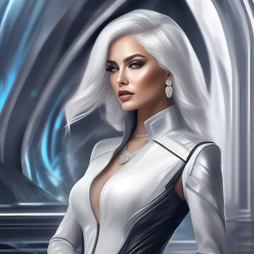 Prompt: a beautiful digital painting of a sci fi Armenian American heiress, perfect grey white hair and makeup, curvy figure, stylish futuristic high fashion couture clothes, expensive modern jewellery