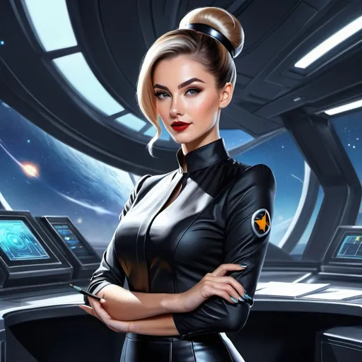 Prompt: beautiful digital painting of sci fi secretary villain with a pencil skirt thin glass and bun hairstyle. prim and proper, neat hair, with a spaceship interior background