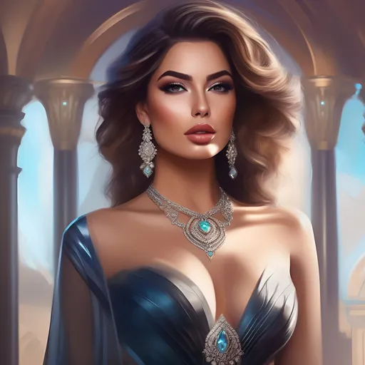 Prompt: a beautiful digital painting of a sci fi Armenian American heiress, perfect hair and makeup, curvy figure, stylish high fashion clothes, expensive jewellery