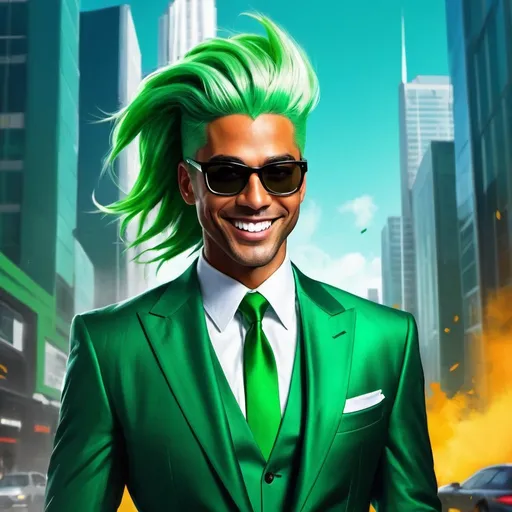 Prompt: awesome digital painting of sci fi hollywood agent villain with loud business suit. tall green hair, brash, rude huge smile, with a high tech office background