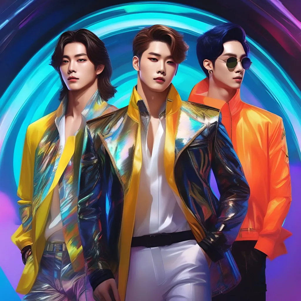 Prompt: beautiful digital painting of a group of four sci fi K Pop Idols, handsome men, hair down in front of eyes, high fashion couture outfits, bright colors