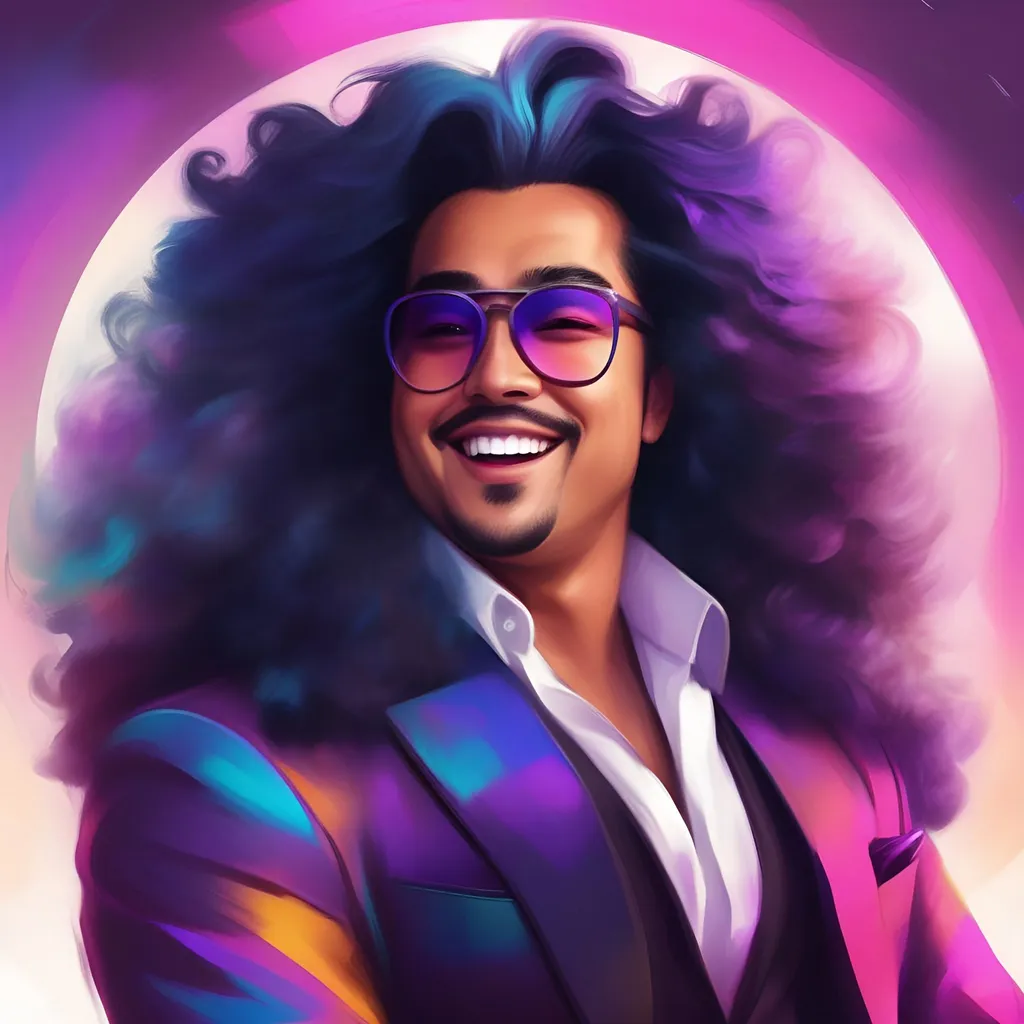 Prompt: An interesting digital painting of a rotund sci fi business owner man, feminine pose, loud clothing, cheerful expression, big hair