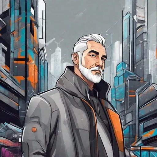Prompt: simple character portrait of sci fi graffiti artist, dashing clean shaven man salt and pepper grey hair, futuristic city background