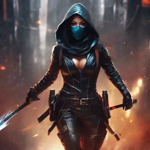 Prompt: Beautiful full body digital painting of a lethal assassin woman, full face mask and hood wearing goggles, holding small throwing knives, sci fi background