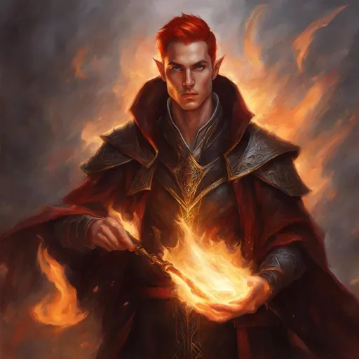 Prompt: awesome digital painting of Male High Elf Sorceror with red dragon scales and glowing gold eyes with leather and silk robes, wild short red hair, holding a fire spell in one hand