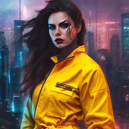 Prompt: digital artwork of frightening serial killer woman, long scar across their expressionless face dressed in yellow prison jumpsuit, with a futuristic city background