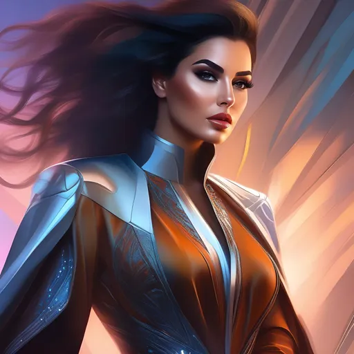 Prompt: a beautiful digital painting of a sci fi Armenian American Kardashian heiress, perfect  hair and makeup, curvy figure, stylish futuristic high fashion couture clothes, expensive modern jewellery