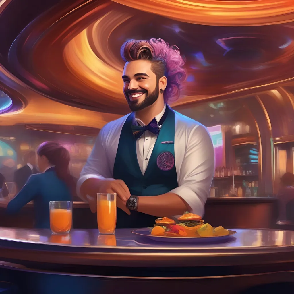 Prompt: An interesting digital painting of a rotund sci fi restaurant owner man, feminine pose, loud clothing, cheerful expression, elaborate hair