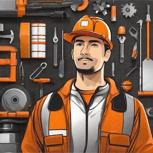 Prompt: male maintenance worker character portrait  orange and black jumpsuit, tools