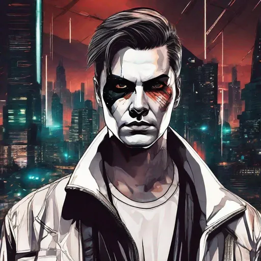 Prompt: digital artwork of frightening serial killer, long scar across their expressionless face dressed in sci fi clothes, with a futuristic city background