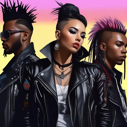 Prompt: beautiful digital painting of a group of four sci fi stoner punk rock stars, leather jackets, spikes and piercings, mohawks and dreadlocks, tough look