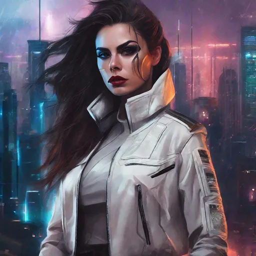 Prompt: digital artwork of frightening serial killer woman, long scar across their expressionless face dressed in sci fi clothes, with a futuristic city background