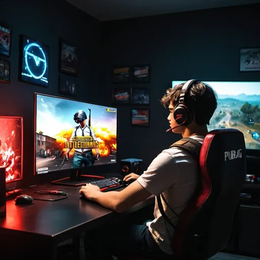 Prompt: (A young man) intently watching a (PUBG mobile gameplay video) from the (BADNAMps YT GAMING YouTube channel), seated comfortably, dimly lit room, surrounded by gaming memorabilia, vibrant screen glow reflecting on his face, showcasing intense concentration, high quality, rich color tones and inviting ambiance, gaming posters in the background, emphasizing a modern gaming environment.   Gaming channel 
Name must be mentioned on the left top right corner of screen with red colour and should be focused