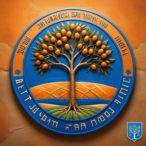 Prompt: Blue shield with Hebrew inscription, agricultural landscape with orange tree, field, and plow, city symbol, high quality, detailed, historical, agricultural, city emblem, Hebrew calligraphy, vibrant colors, symbolic, agricultural heritage, professional, natural lighting