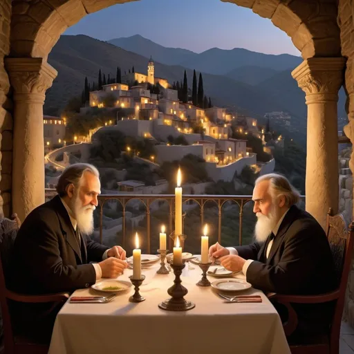 Prompt: (The Ari and Nietzsche) dining on Shabbat, exquisite table setting with (dimly lit) candles, enchanting Safed courtyard, (majestic mountains) and rustic stone houses in the background, ethereal symbols of Kabbalah and philosophy hovering above, an ornate hourglass representing the passage of time, enveloped in a (mysterious atmosphere), (ultra-detailed) with soft, warm lighting casting cozy shadows.