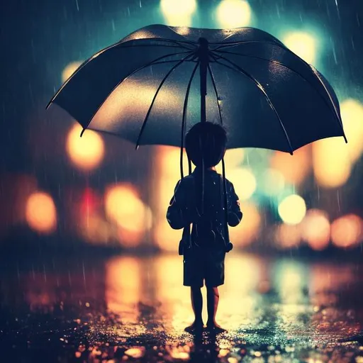 Prompt: Create a image a boy with a umbrella in rainy night surrounding lights
