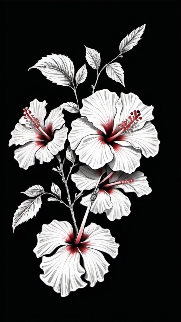 Prompt: A simple, hand-drawn sketch of a hibiscus flower, with its petals, leaves, and roots intertwined in a natural pattern. like dior pattern white background