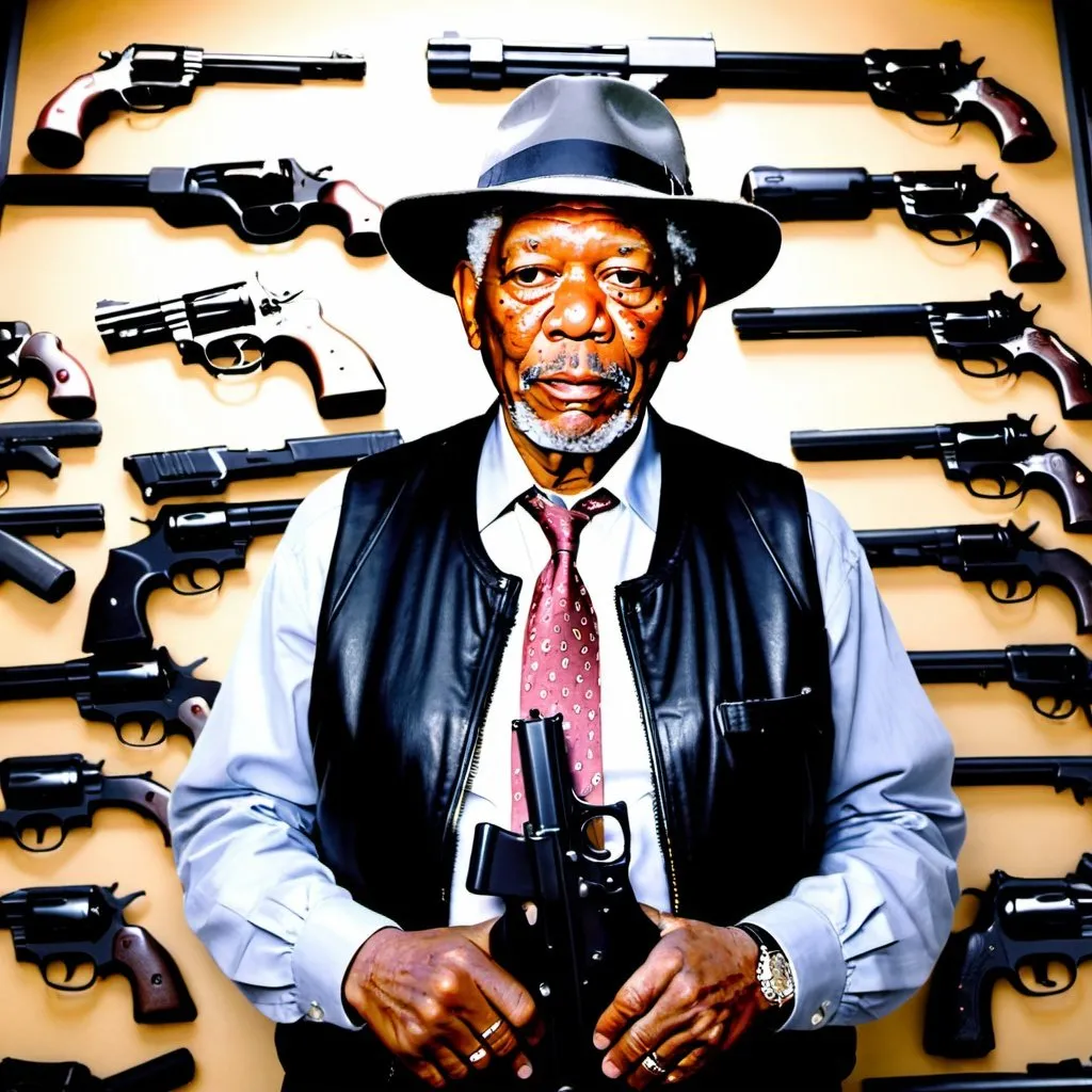 Prompt: create an image of Morgan Freeman wearing a republican hat surrounded by loads of guns, standing outside a gun store