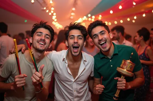 Prompt: Amidst a vibrant indoor celebration, three young men exude joy and energy, captured in a moment of exuberance. One wears a white shirt and holds a pair of colorful wooden sticks, while the other two display cheerful expressions, with the man in green holding a traditional instrument adorned with decorative patterns. The background is filled with blurred figures of party-goers, suggesting a lively gathering filled with music and dancing, characterized by bright colors and festive decorations like draped fabric and fairy lights. The lighting enhances the celebratory atmosphere, emphasizing the camaraderie and happiness shared among friends in this festive environment.