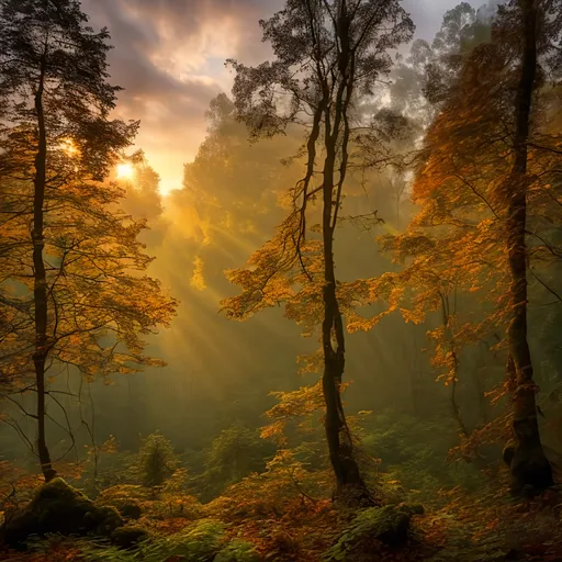 Prompt: A dense, autumnal forest, full of small little steampunk inventions and gothic ruins In the background. The soft autumn evening light casts muted colors over the scene. steampunk style, hyperrealistic photo